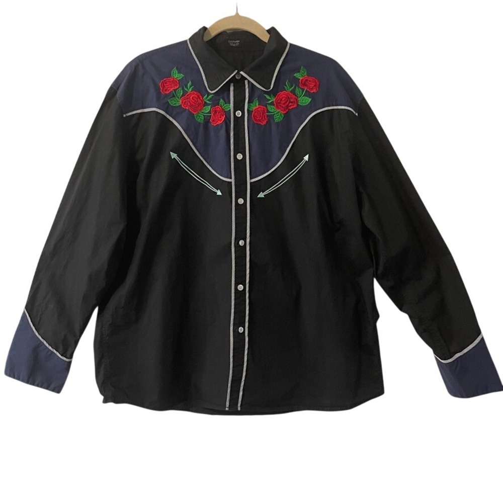 Coofandy Mens Shirt XXL Western Black Navy Rose Embroidered Long Sleeve Cowboy